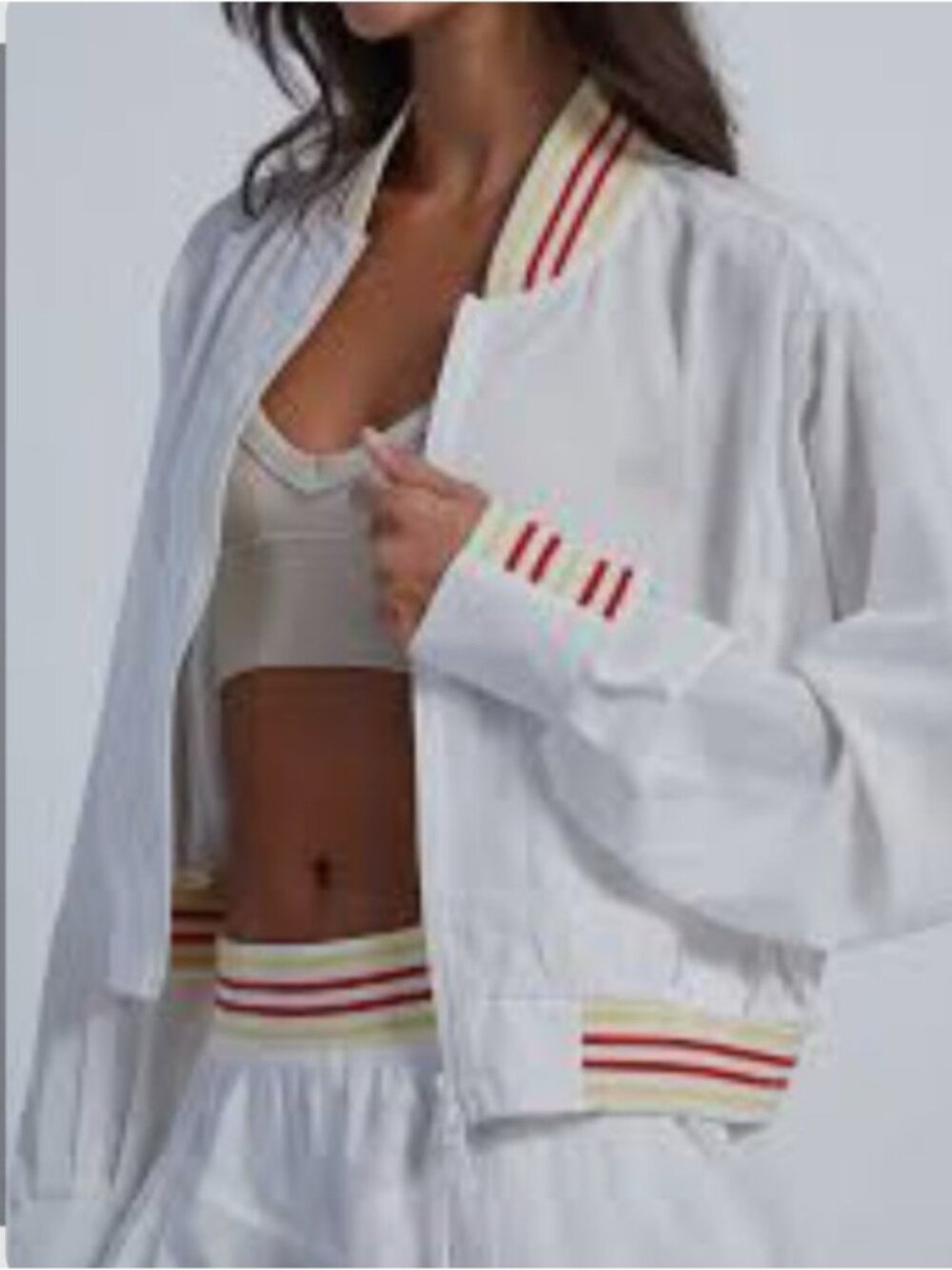 FP Movement by Free People Women's White Zip-Up Bomber Jacket Yellow Red Stripe